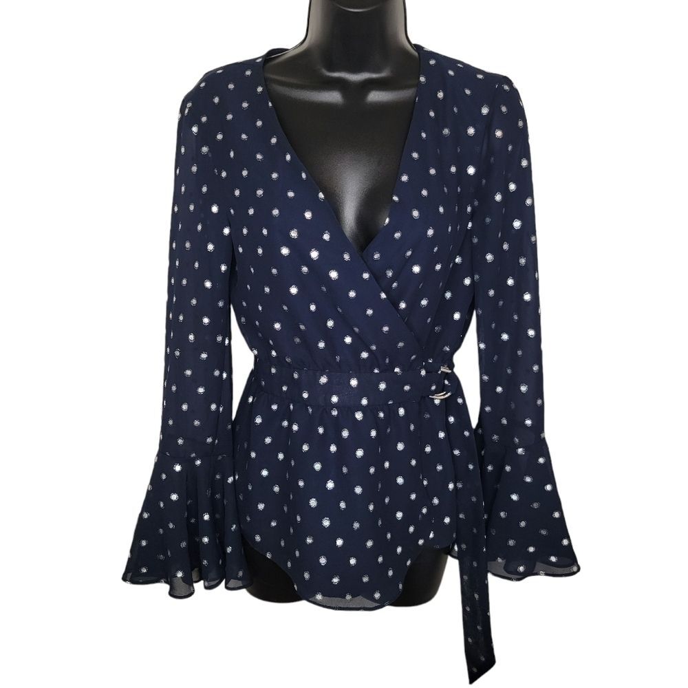 Saks Fifth Avenue navy blue & silver wrap top size XS